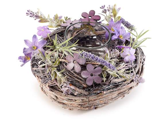 Wooden centerpiece with glass candle holder and lavender
