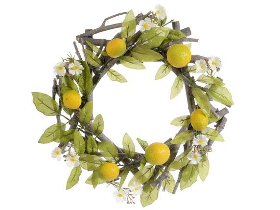 Wooden garland with artificial lemons and flowers