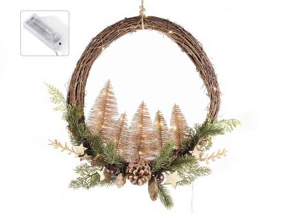 Gold glitter fir and pine cone garland, bells and LED lights