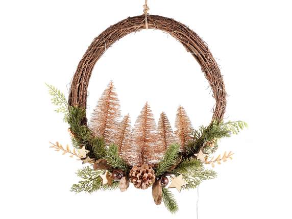 Gold glitter fir and pine cone garland, bells and LED lights