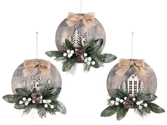 Wooden landscape decoration, branches, pine cones and bow