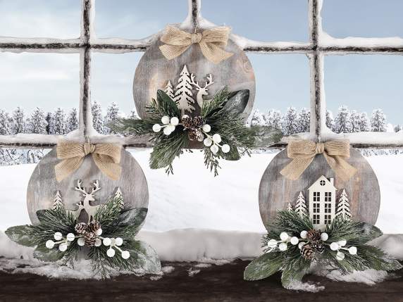 Wooden landscape decoration, branches, pine cones and bow