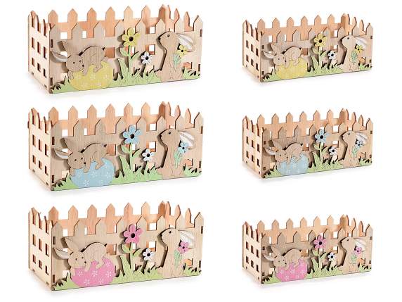 Set of 2 wooden fence baskets with egg and rabbit decoration