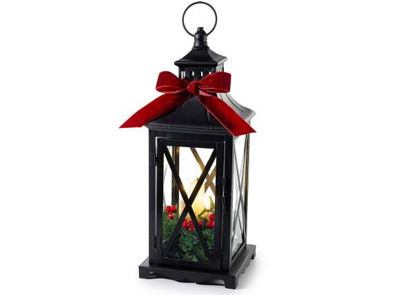 Metal lantern with bow, garland and 3 LED candles