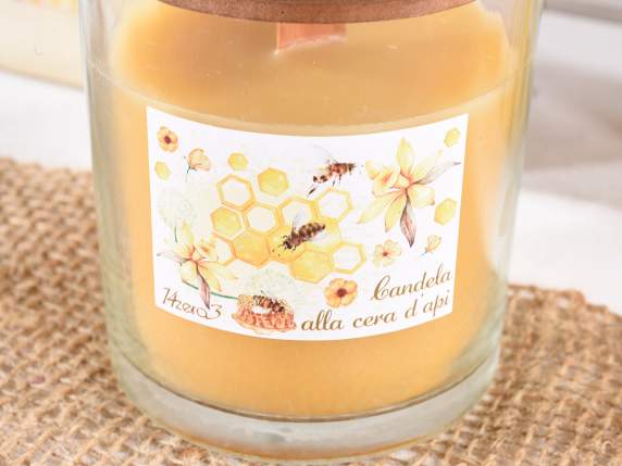 Beeswax candle in glass jar with wooden cap