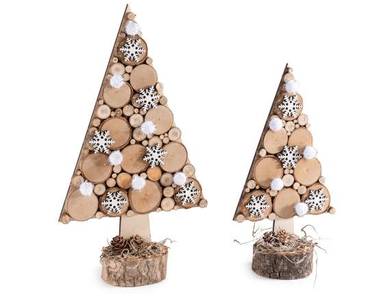 Set of 2 wooden trees with pompoms and decorative snowflakes