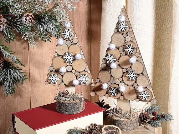 Set of 2 wooden trees with pompoms and decorative snowflakes
