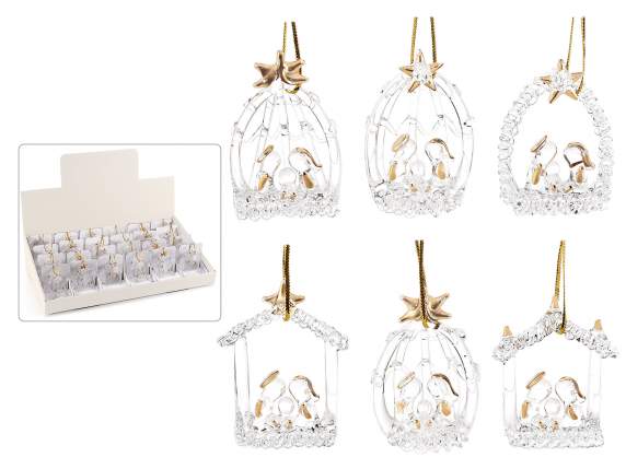 Glass nativity scene with golden details to hang