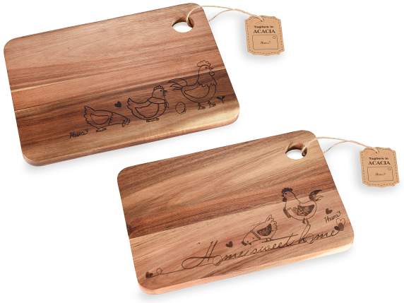 Acacia wood cutting board with Gallinelle carvings and tag