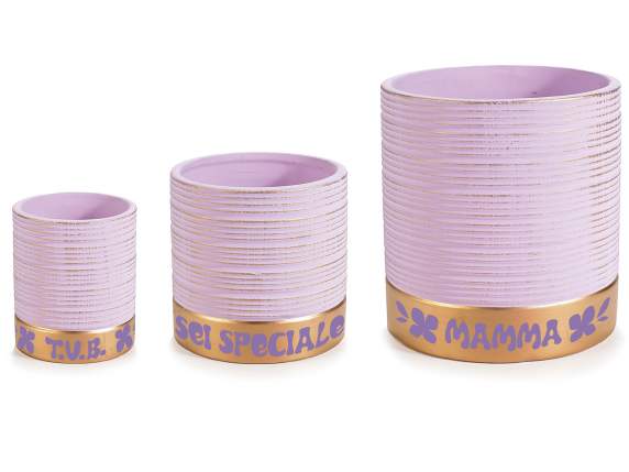 Set of 3 lilac knurled ceramic vases with a golden base for