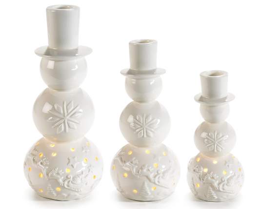 Set of 3 porcelain snowmen candle holders with lights