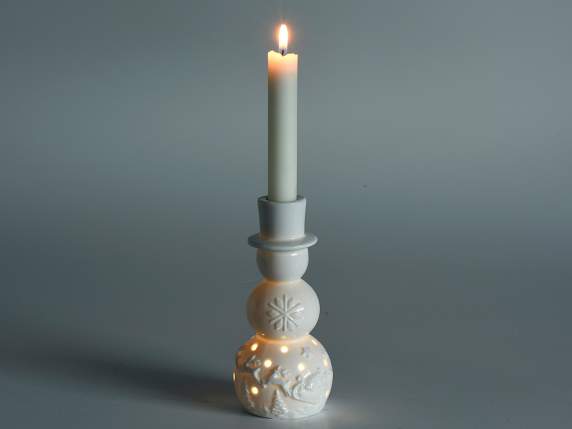 Set of 3 porcelain snowmen candle holders with lights
