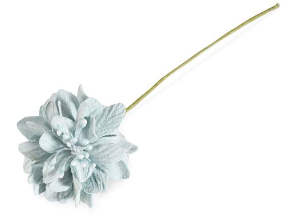 Artificial blue fabric flower with moldable stem
