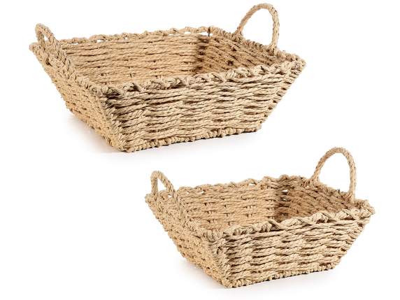 Set of 2 square woven fiber baskets with handles
