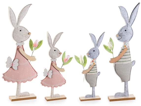 Set of 2 Easter rabbits in cloth on a wooden base with tulip