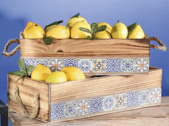 Set of 2 wooden boxes with rope handles with Maiolica deco