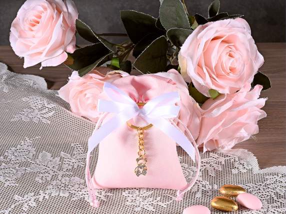 Fabric bag with bow, metal keychain with teddy bear