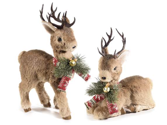 Set of 2 soft eco-fur reindeer puppies, scarf and bell