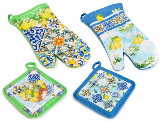 Kitchen glove and pot holder set in Citrus printed cotton