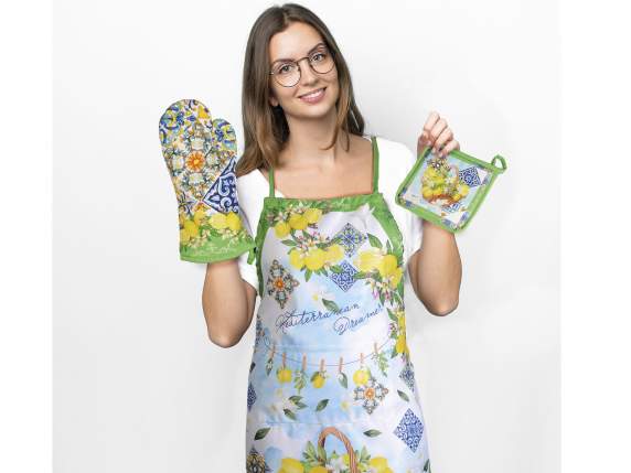 Kitchen glove and pot holder set in Citrus printed cotton