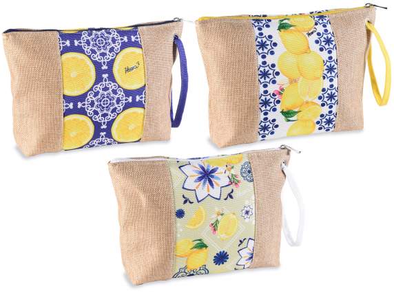 Fabric and jute bag with zip, drawstring and citrus