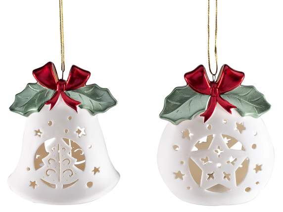 Ceramic decoration with bow and holly with LED light