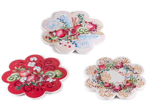 Glossy ceramic flower trivet with cork base