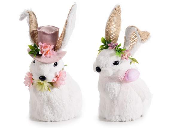 White bunny in natural fiber with floral decorations