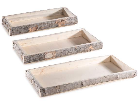 Set of 3 rectangular trays in natural wood