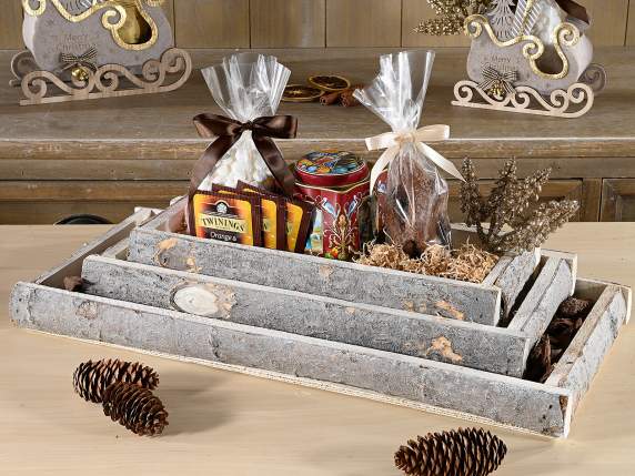 Set of 3 rectangular trays in natural wood