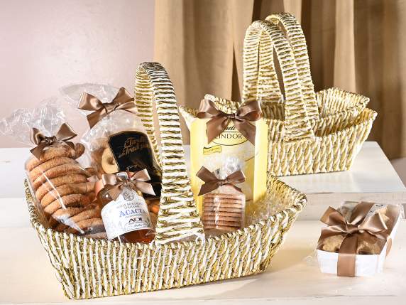 Set of 3 white gold paper rope baskets with handle
