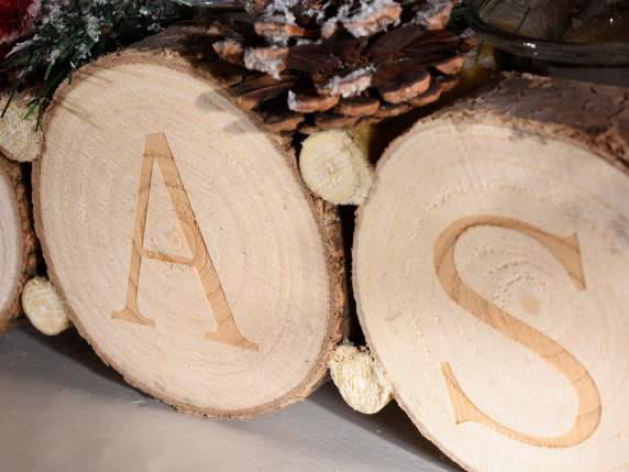 Wooden centerpiece with 4 glass candle holders and XMAS writ