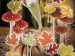 Il bosco autunnale tra zucche e funghi decorativi