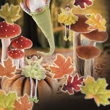 Il bosco autunnale tra zucche e funghi decorativi