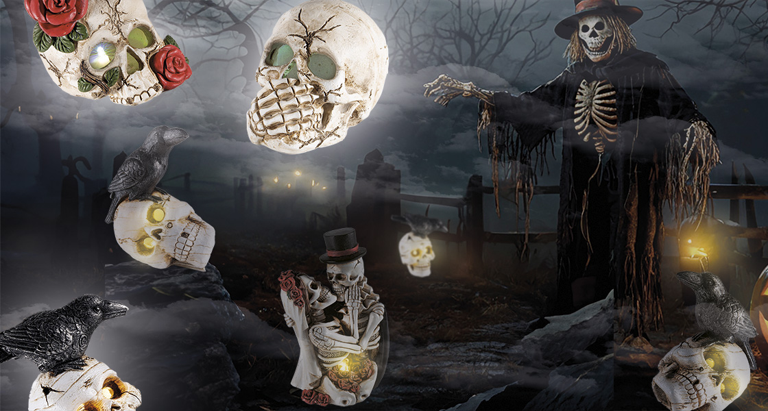 Décoration de vitrine d'Halloween avec tête de mor